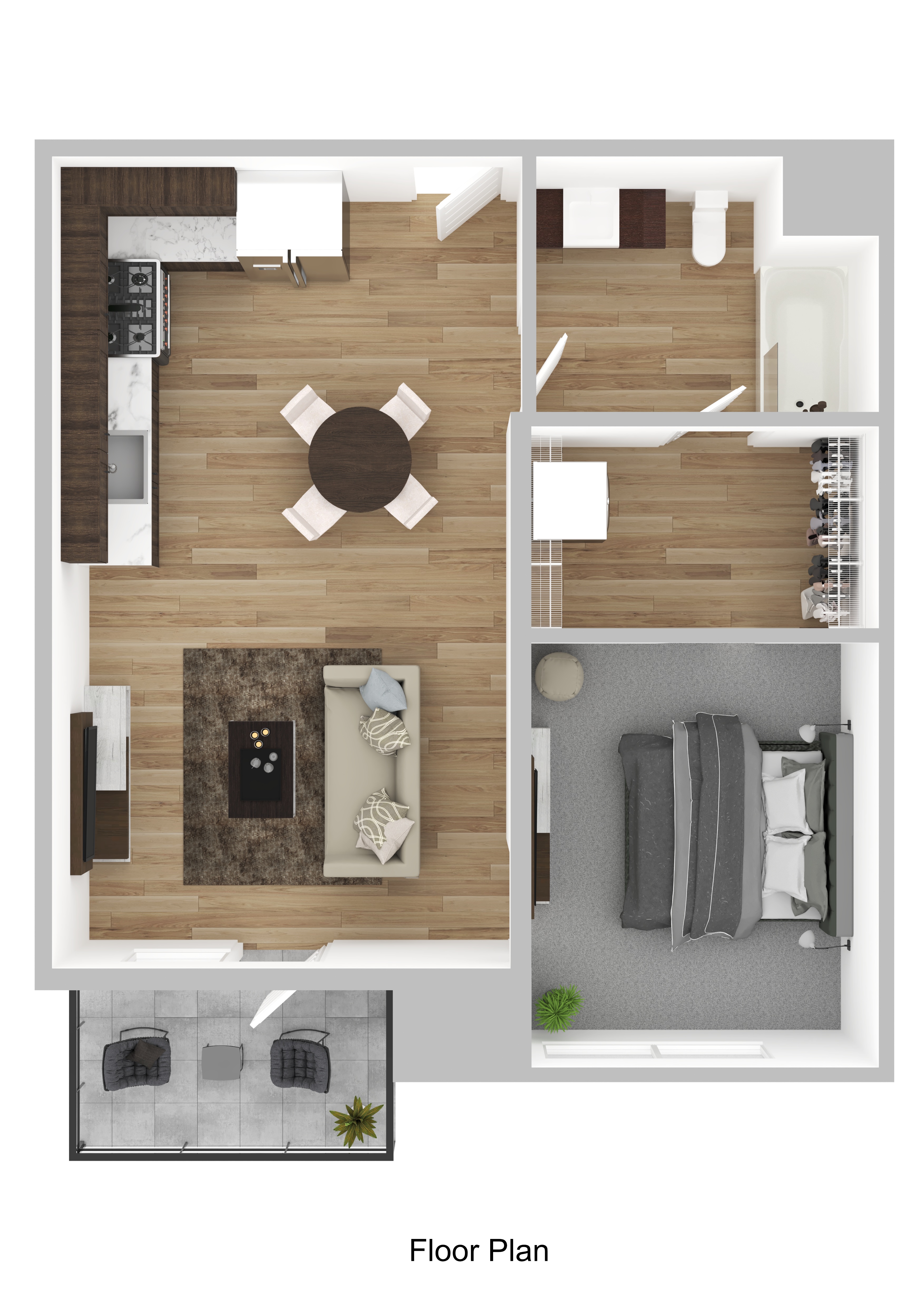 Floor plan for 1 bed, 1 bath, 640 sqft